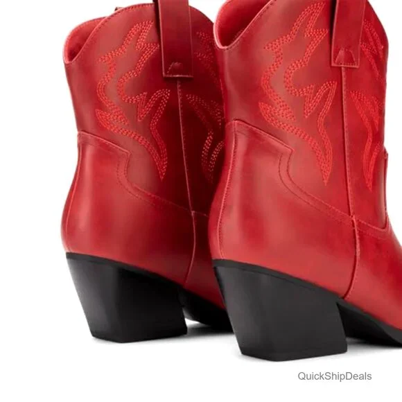 Women's Embroidered Western Ankle Boots Low Chunky Heel Pointed Toe